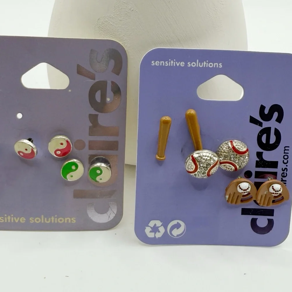 Claire's Kids Yin Yang and Baseball Stud Earrings Set - Pink, Green, Brown